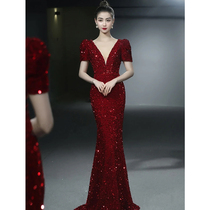 Toast dress bride 2021 new wine red back door engagement wedding dress female long fishtail evening dress summer
