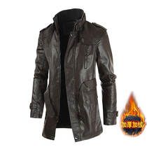 2022 autumn and winter plus velvet thickened mens new trend mid-length leather jacket plus velvet casual stand-up collar mens leather windbreaker