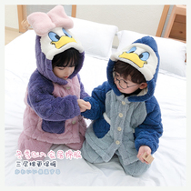 Children's winter home clothing girls cotton-padded two-piece boy baby coral fleece three-layer cotton suit children's clothes