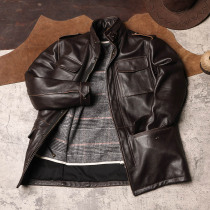 Medium and long brushed old real leather men plus velvet collar cowhide coat hunting multi-pocket m65 leather jacket
