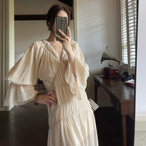 Maureen Molin deep v lotus root sleeves sheer dress with adjustable inner suspenders flowing flared sleeves long skirt