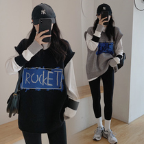 Fashion trend pregnant women Spring and Autumn New thread sleeve white T sweater vest two-piece maternity loose long sleeve women