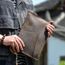 Crazy Mapleather Retro Envelope Bag New Pure Bull Leather Hand Grab Bag Mens Zipper Hand Carry Bag Genuine Leather Minimalist Containing Bag