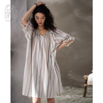 Loose plus size night dress womens summer pajamas short-sleeved pure cotton princess style mid-length v-neck thin maternity home clothes