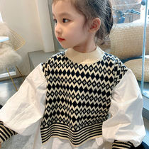 Childrens clothing girls fake two-piece shirt spring and autumn small and medium-sized childrens foreign shirt knitwear baby pullover coat tide
