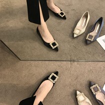Pointed Square Buckle Water Drill Single Shoe Woman 2022 Spring new Korean version coarse heel womens shoes 100 hitch late night wind low heel ladyshoe