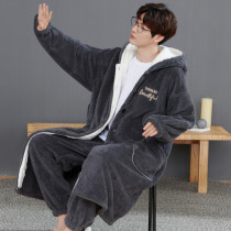 Pajamas men autumn and winter thickened coral velvet warm long robe plus fat plus size flannel home suit