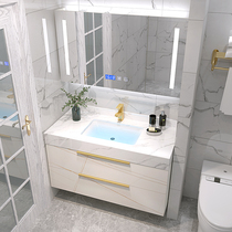  Light luxury bathroom cabinet combination Simple modern intelligent mirror cabinet Bathroom hand washing washbasin rock board integrated sink
