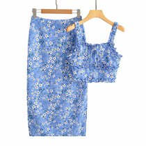 1988 Female seaside vacation travel wind floral print ear-edged chest lace-up short suspender high-waisted skirt