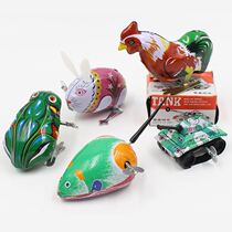  Childrens small tin toad with chain on it green bouncing frog post-80s nostalgic toy rabbit rooster mouse winding