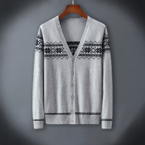 Mens cotton cardigan small jacket 2021 autumn V-neck snowflake thin sweater loose size sweater tide