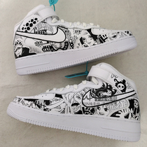 Hand drawn aj1 af1 leather material sneakers black and white comic style full painting to figure to shoe customization