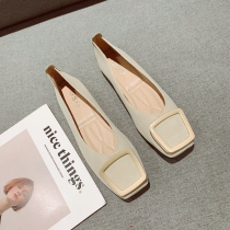 Retro square toe soft bottom Peas shoes womens 2023 new simple all-match metal square buckle apricot flat single shoes