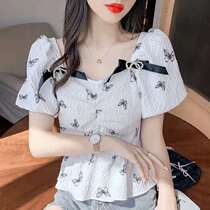 6638 Shangxin summer square collar bow short-sleeved top (non-quality non-returnable){running single pull black}