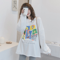 Pregnancy color pregnant women spring and autumn coat Korean version of round neck casual Big version T tide mom color matching mosaic cartoon base shirt