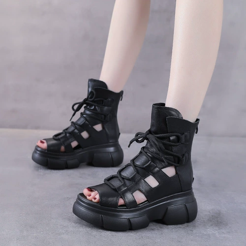 Модные кожаные ботинки на платформе, дышащие тапочки в стиле Crocs, босоножки, лето 2023 года, из натуральной кожи, широкий устойчивый каблук