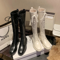 Boots Womens Kneels 2021 Autumn and Winter New Slim Tall Knight Boots Strap Leather White Mid-Heeled Martin Boots