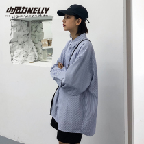 Little Nili homemade ins niche design sense blue and white vertical shirt mens and women long sleeve shirt BF style jacket