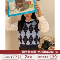 Nap homemade Lingge knitted vest female spring and autumn college style Japanese V-collar Joker wearing sweater vest