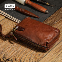 GURRS original handmade mens hand hold Baotou layer of soft cow leather handbag for men retro to make old casual mini-bag
