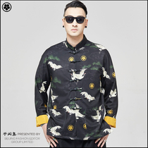 Half-time concentrated national style printing crane Tang suit hip-hop fashion fashion brand mens youth spring and summer new coat buckle top