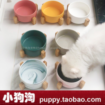 ins pet ceramic bowl small dog Rice Bowl cat food rice basin water bowl Teddy water basin dog wooden stand Bowl