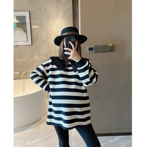 MJ gestational woman dress spring and summer round collar splicing letters embroidered striped sweatshirt pregnant woman long sleeve bottom blouse