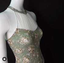 Spot Korean imported Levdance blue and white porcelain printed solid color high collar neck mesh ballet jumpsuit
