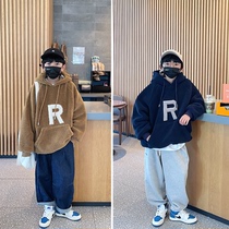 Kevin childrens clothing 2021 autumn and winter new boy middle and big child Korean version of tide flocking letter lamb velvet jacket