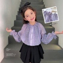 Chens mother 2022 spring and summer new girl small upright collar lace sky silk shirt blouses jacket elastic harnesses two sets