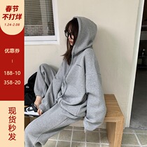 Song Zhengen gray plus velvet padded hooded sweater sportswear suit women's autumn and winter leisure fashion two-piece winter