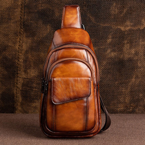 New mens genuine leather chest Baotou layer Bull Leather Single Shoulder Oblique Satchel Fuku Casual Minimalist Fashion Small Backpack Tide Card