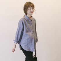 Spring Autumn New Pregnancy Woman dress Korean version Striped Shirt Loose large code Leisure flap Long sleeves shirt Chauma Qian Ling