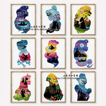 Small house cross stitch French DMC line princess silhouette 2 fairy tales cartoon childrens room hanging painting
