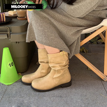 Lost Elk Deer Genuine Leather Crumpled Boots Woman round the new coarse heel Middle Cylinder Rider Boots Woman Retro Fashion Autumn Winter Single Boots