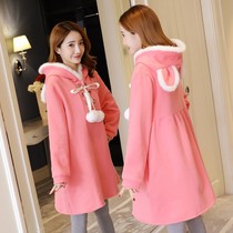 Pregnant women sweater autumn winter 2021 Winter new Korean version plus velvet padded warm medium long size pregnant women dress