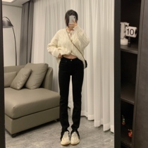BLACKY2021 Autumn New High waist slim high waist slim high split straight tube black jeans female micro la horseshoe pants