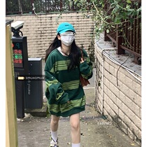 Large size fat MM thin cover meat small man striped long sleeve sweater coat womens early autumn loose top 200kg