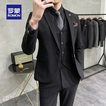 Romon suit suit suit men autumn stripe business casual dress suit groom wedding best man costume