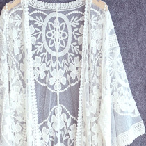 Long lace cardigan sunscreen shawl jacket hollow out with loose plus size beach bikini blouse women