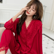 Sleepwear Woman Autumn Winter Thin Section Ice Silk Fall Spring Style Lace Senior Sensation Red Home Clothing Two Sets Of Extractable Wear
