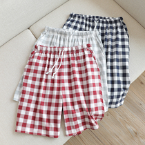 Couple pajama pants women Summer cotton mens home pants Japanese thin shorts loose plaid home can be worn outside