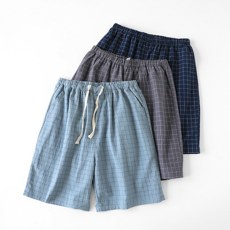 Summer cotton pajamas Summer shorts Beachwear men's loose casual five size large home plaid big pants thin