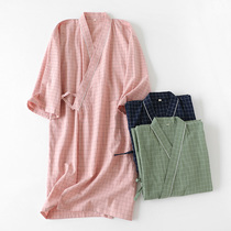  Kimono-style nightgown Womens simple plaid nightgown summer thin bathrobe Pure cotton short-sleeved morning gown home service pajamas