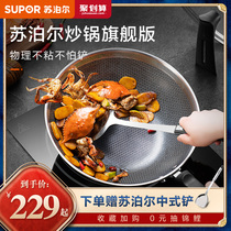  Supor stainless steel wok Honeycomb non-stick pan Household less fume induction cooker Gas stove cooking pot pan