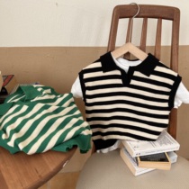 Chenma Childrens waistcoat 2022 Xias new male girl turned over sweatshirt baby striped knit vest blouse