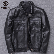 Autumn and winter leak mens cowhide leather leather leather leather jacket short slim lapel casual coat single tide