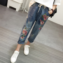  Denim three-point pants womens summer thin loose large size retro ethnic style embroidered hole girl summer pants elastic high waist