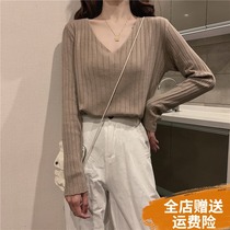 Large size womens fat mm base shirt female v-neck Spring and Autumn long-sleeved sweater 2021 wild student top