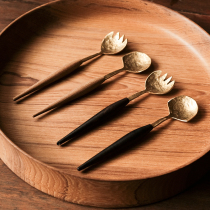 Handmade brass wooden spoon household soup chopsticks fork spoon set teak EAK Ebony handle spoon Japanese style